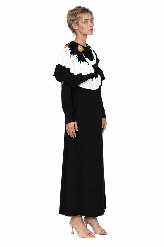 Valentino Floral Cape-Overlay Cold-Shoulder Ankle-Length Dress
