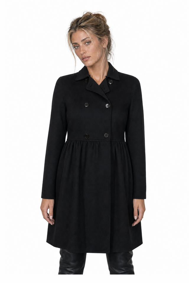 Valentino Double-Breasted Gathered-Waist Cashmere-Wool Coat in Jet Black