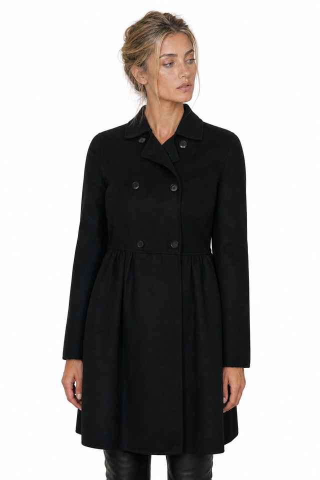 Valentino Double-Breasted Gathered-Waist Cashmere-Wool Coat in Jet Black