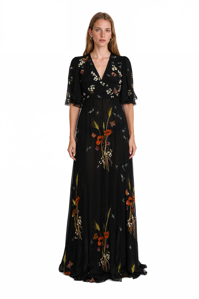 Valentino black chiffon gown with wildflower embroidery and flutter sleeves – front view