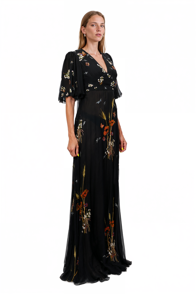 Side view of a Valentino black wildflower embroidered chiffon gown