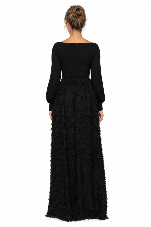 Valentino Feather-Textured Skirt Long-Sleeve Gown
