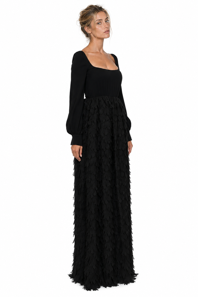 Valentino Feather-Textured Skirt Long-Sleeve Gown
