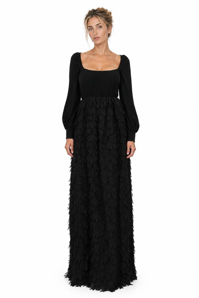 Valentino Feather-Textured Skirt Long-Sleeve Gown