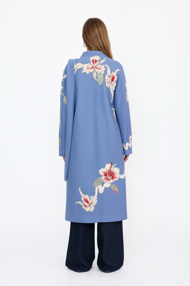 Valentino powder blue long coat with ivory and red floral embroidery