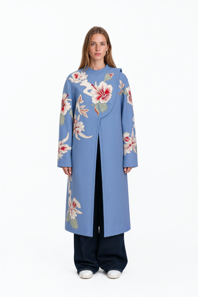Valentino powder blue long coat with ivory and red floral embroidery