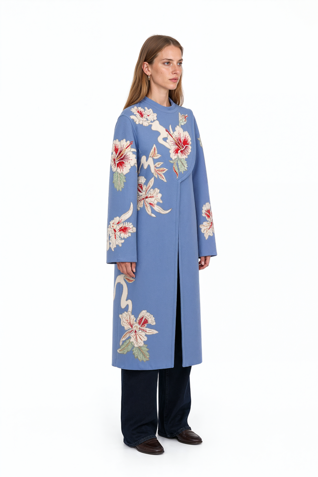Valentino powder blue long coat with ivory and red floral embroidery