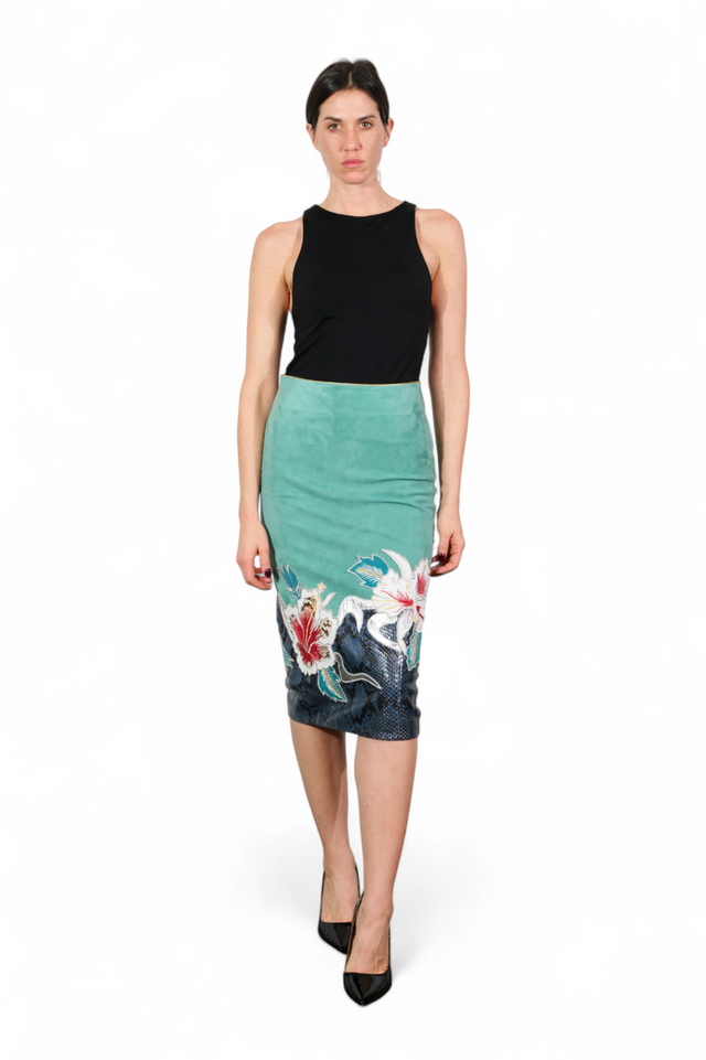 Valentino Floral Embroidered Pencil Skirt — Aqua & Midnight Blue