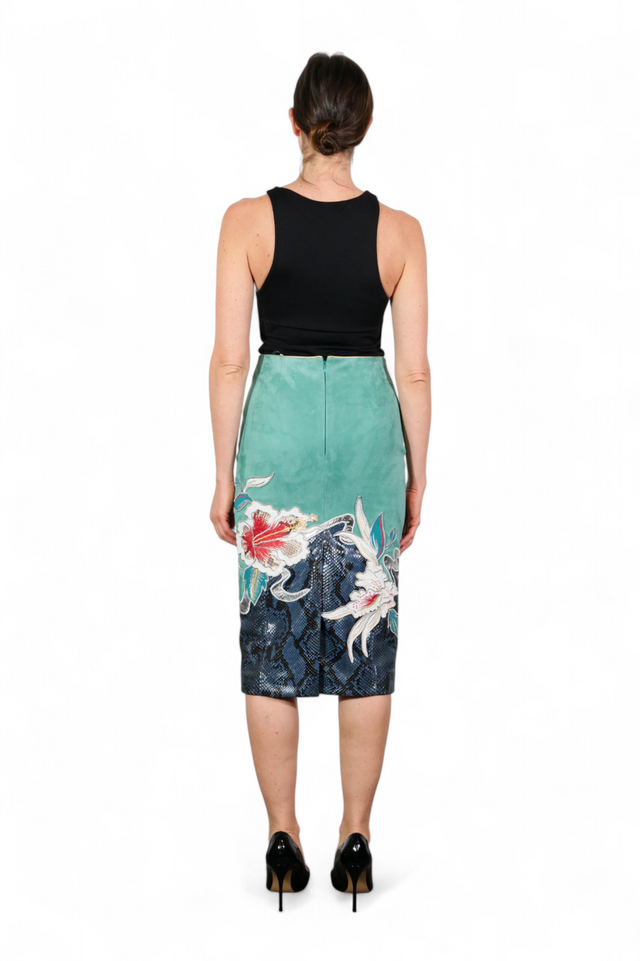 Valentino Floral Embroidered Pencil Skirt — Aqua & Midnight Blue