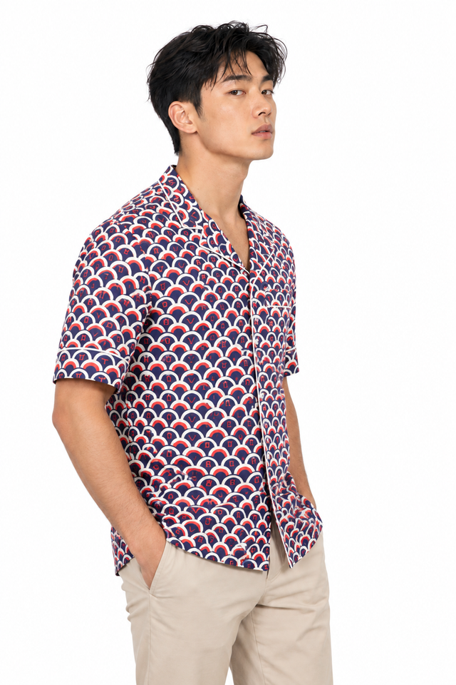 Valentino Men's Geometric Scale Print Silk Bowling Shirt in Navy & Red