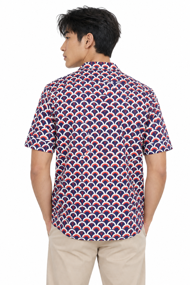 Valentino Men's Geometric Scale Print Silk Bowling Shirt in Navy & Red