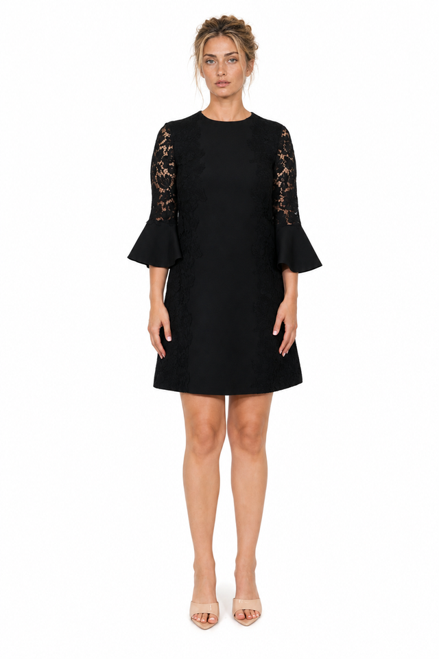 Valentino Lace-Panelled Bell-Sleeve Mini Dress in Black