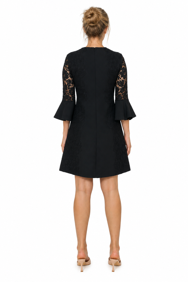 Valentino Lace-Panelled Bell-Sleeve Mini Dress in Black