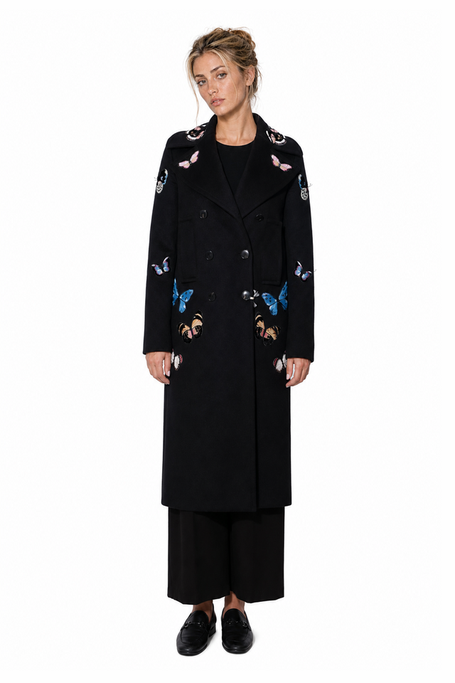 Valentino Black Wool Coat with Embroidered Butterflies
