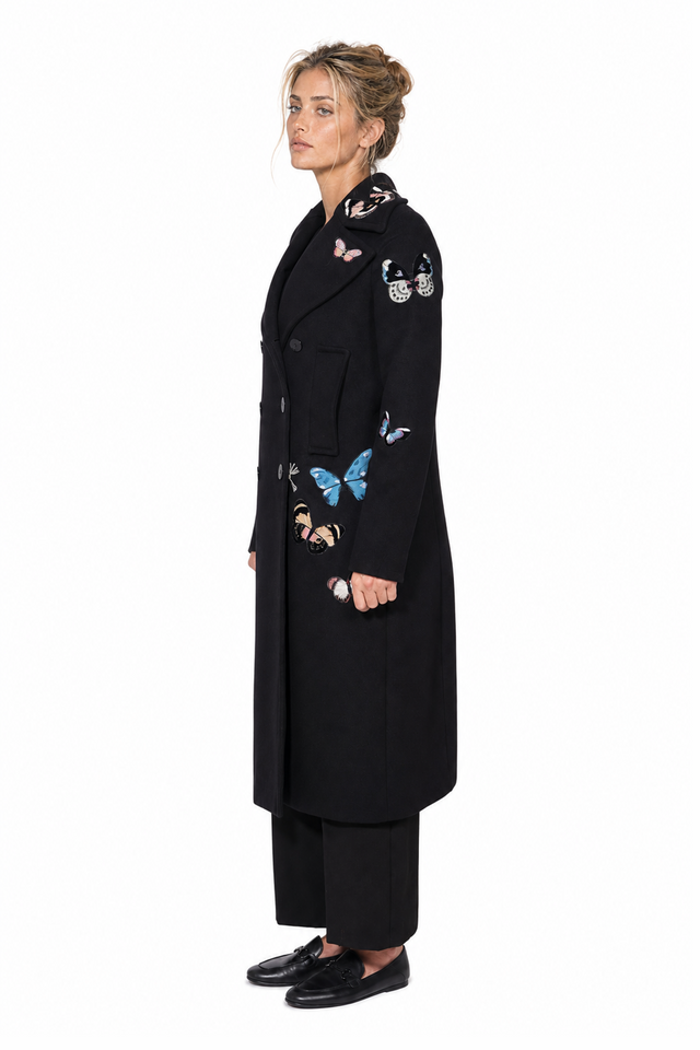 Valentino Black Wool Coat with Embroidered Butterflies