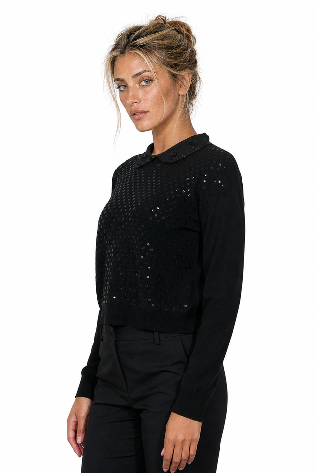 Valentino Sequined Peter Pan Collar Silk-Blend Sweater in Jet Black