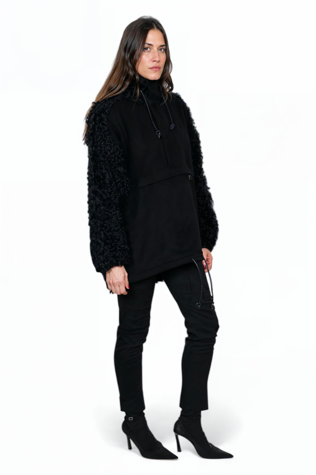 Valentino Black Shearling-Sleeve Pullover