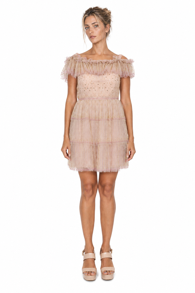 Valentino Off-The-Shoulder Tiered Tulle Mini Dress
