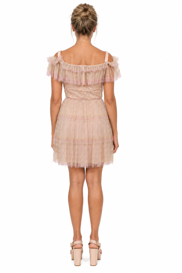 Valentino Off-The-Shoulder Tiered Tulle Mini Dress