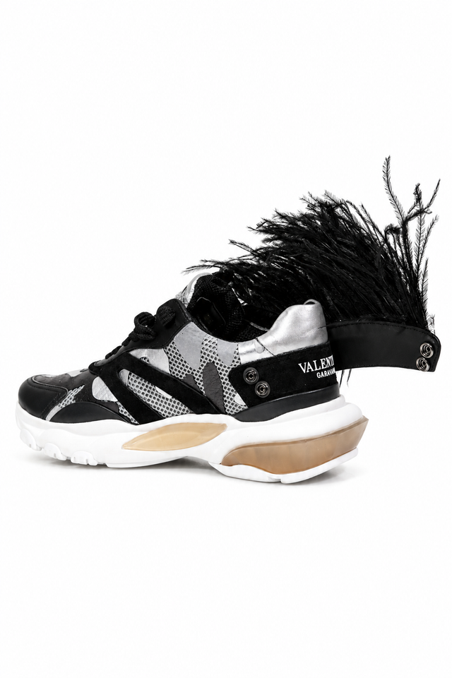Valentino Garavani Feather-Trim Camouflage Sneakers with Chunky Sole