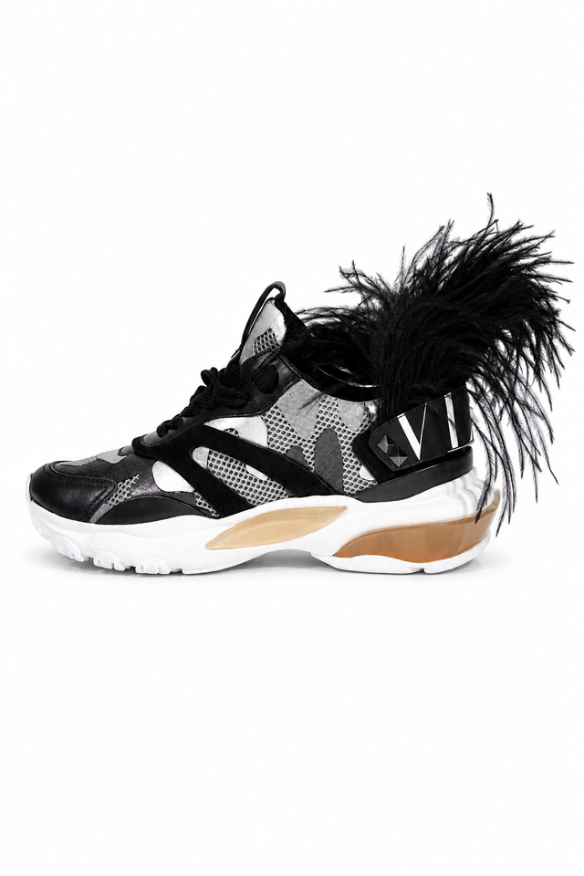 Valentino Garavani Feather-Trim Camouflage Sneakers with Chunky Sole