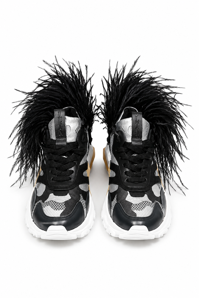 Valentino Garavani Feather-Trim Camouflage Sneakers with Chunky Sole