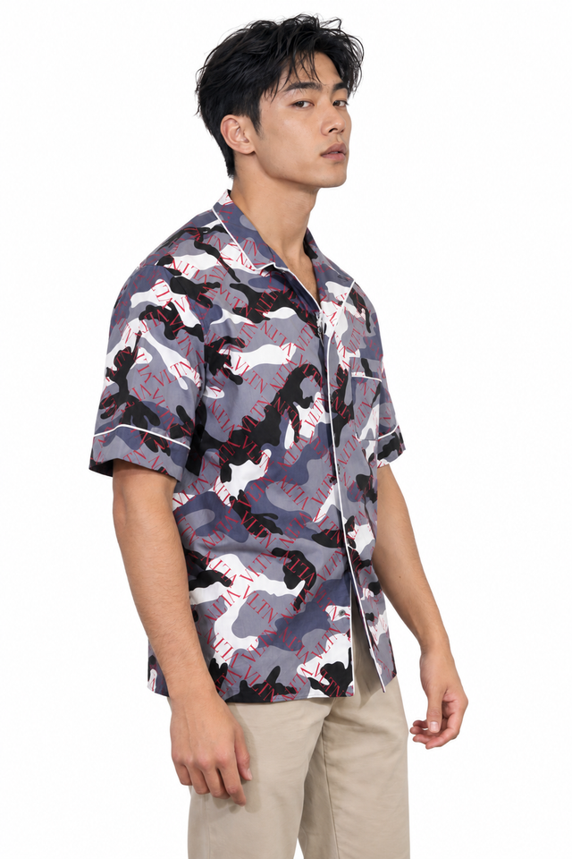 Valentino Men's VLTN Camouflage Printed Bowling Shirt in Grey & Red