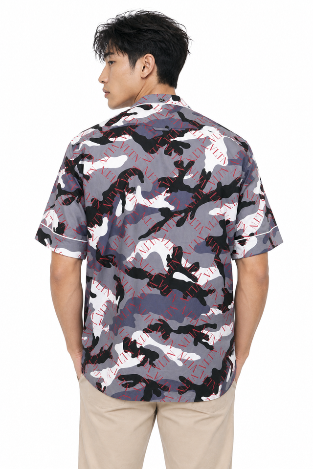 Valentino Men's VLTN Camouflage Printed Bowling Shirt in Grey & Red