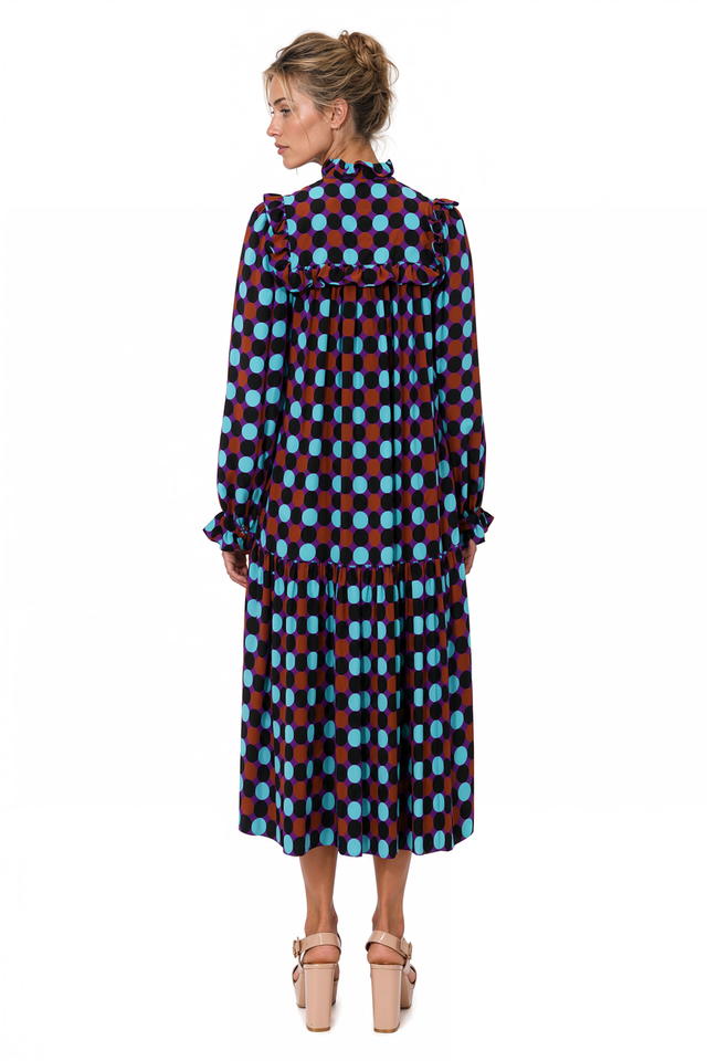 Valentino Polka Dot Tie-Neck Ruffled Midi Dress in Brown, Cyan & Purple