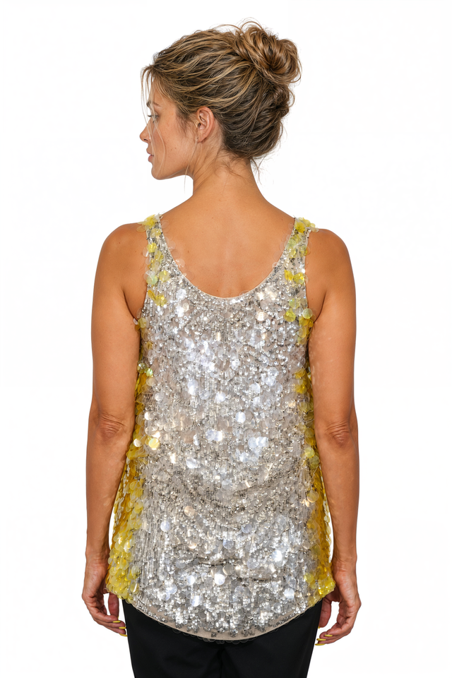 Valentino Sequin-Embellished Tank Top with Yellow Accents