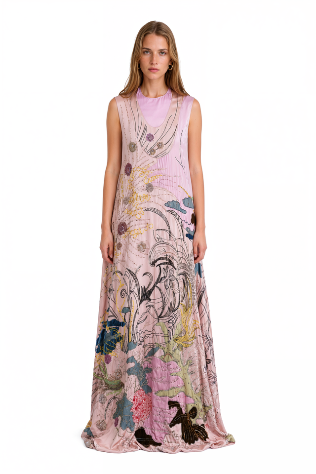Valentino blush silk gown with beaded underwater reef embellishment – front view