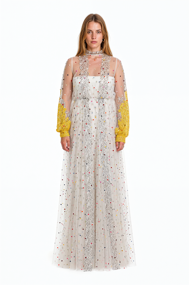 Valentino off-white sheer tulle gown with multi-color sequin polka dots, yellow lace cuffs and silver lace panels
