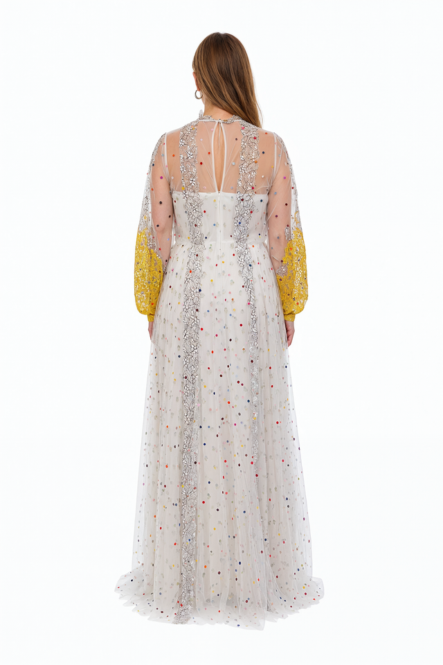 Valentino off-white sheer tulle gown with multi-color sequin polka dots, yellow lace cuffs and silver lace panels