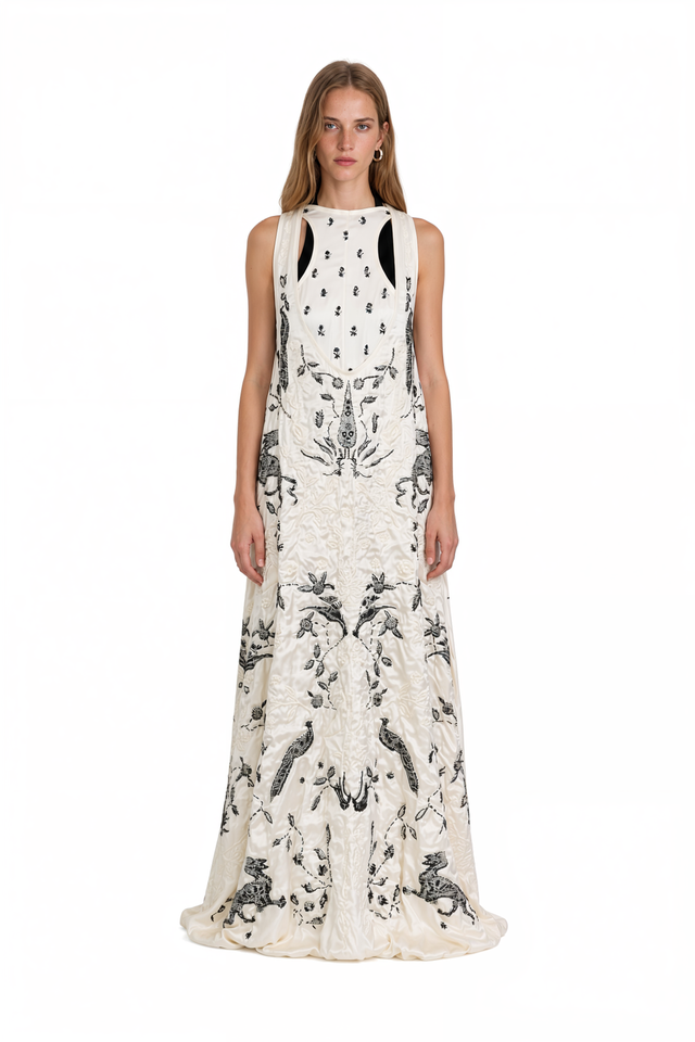 Valentino ivory quilted satin gown with black menagerie embroidery – front view