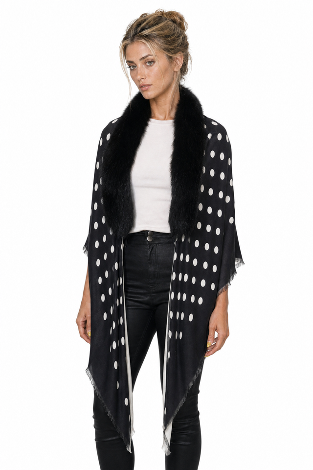 Valentino Polka Dot Wool-Cashmere & Fox Fur Collar Fringe Cape Wrap in Jet Black & Chalk White