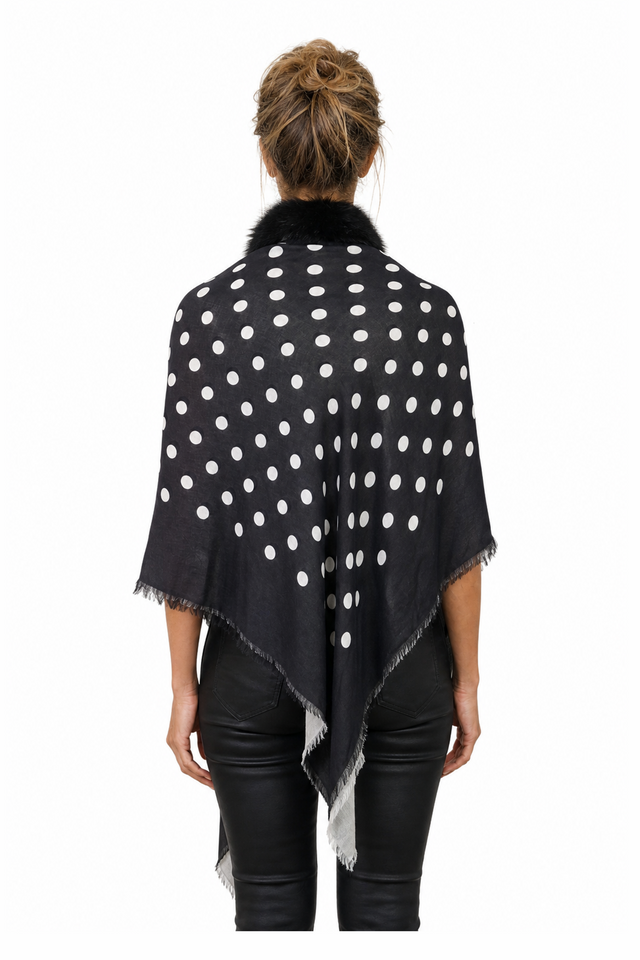 Valentino Polka Dot Wool-Cashmere & Fox Fur Collar Fringe Cape Wrap in Jet Black & Chalk White