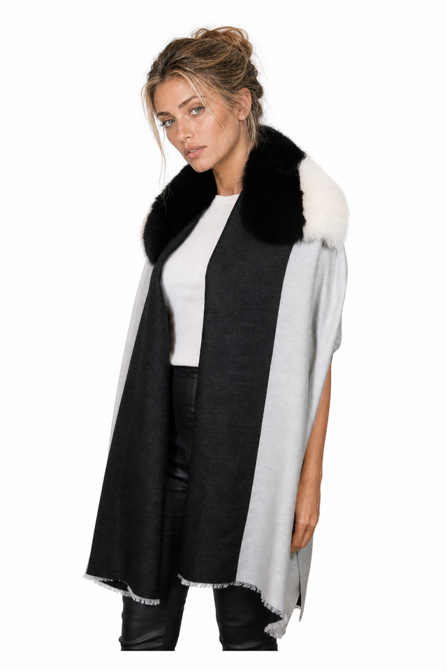 Valentino Colorblocked Cashmere Wool & Fox Fur Collar Wrap Cape in Jet Black & Dove Grey