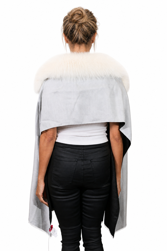 Valentino Colorblocked Cashmere Wool & Fox Fur Collar Wrap Cape in Jet Black & Dove Grey