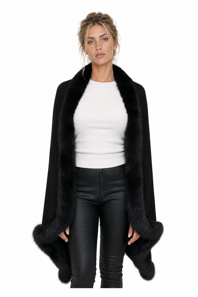 Valentino jet black wool-cashmere cape wrap with full fox fur trim
