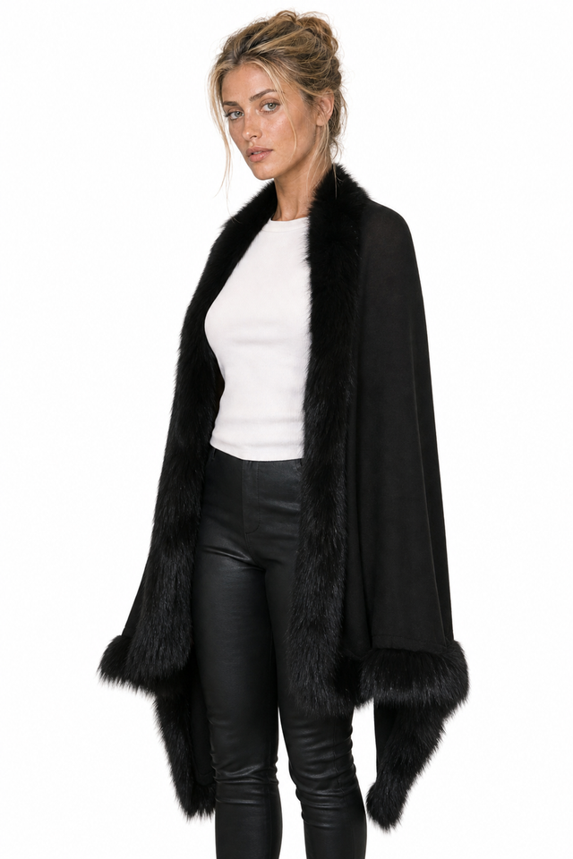 Valentino jet black wool-cashmere cape wrap with full fox fur trim