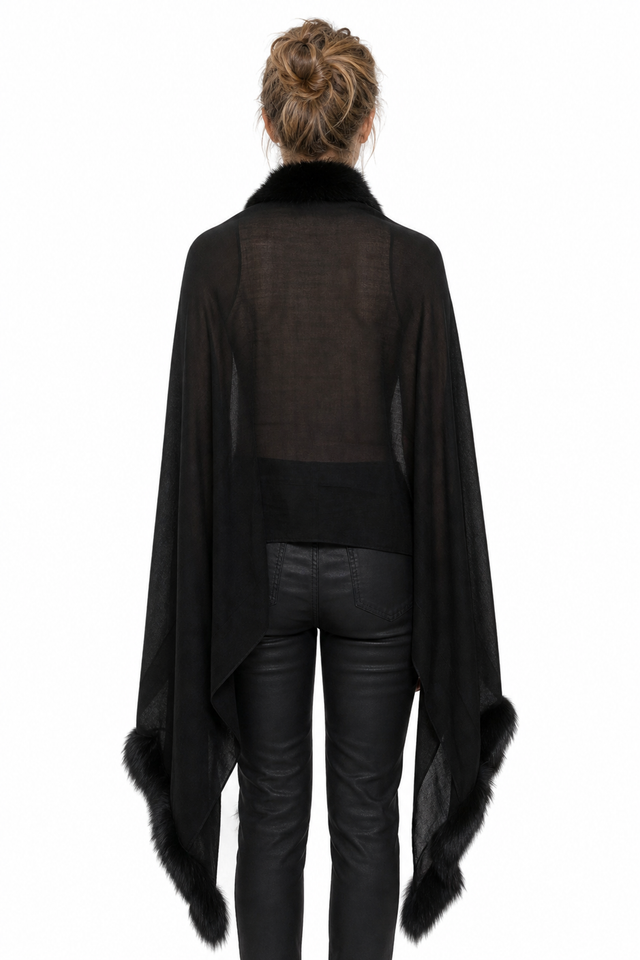 Valentino jet black wool-cashmere cape wrap with full fox fur trim