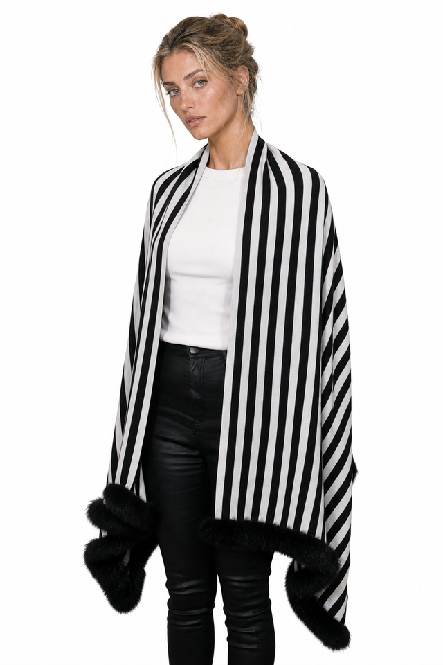 Valentino striped wool-cashmere cape wrap with mink fur trim in jet black and chalk white