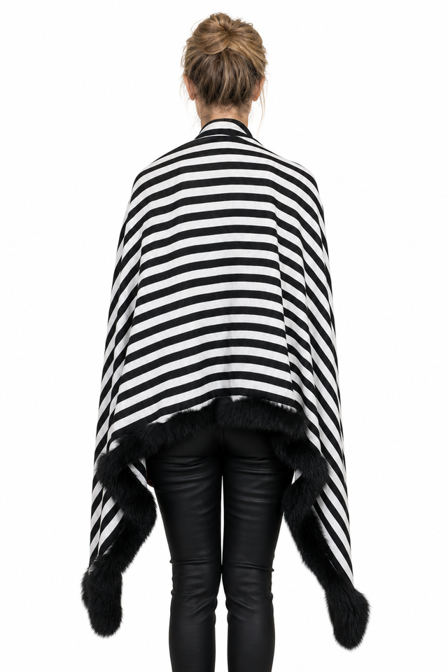 Valentino striped wool-cashmere cape wrap with mink fur trim in jet black and chalk white