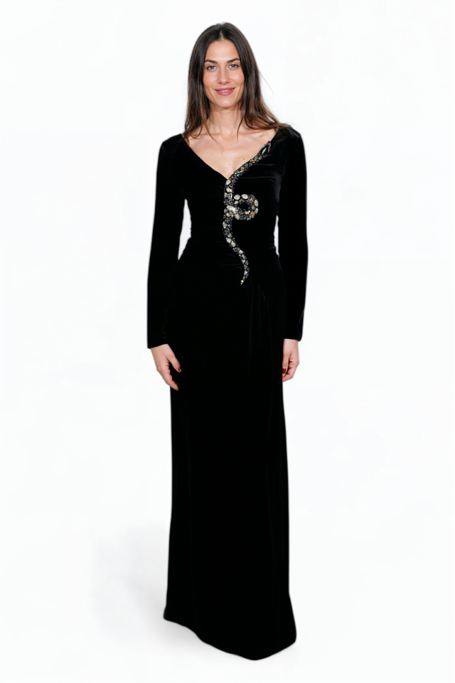 Valentino Black Velvet Gown with Embellished Detail