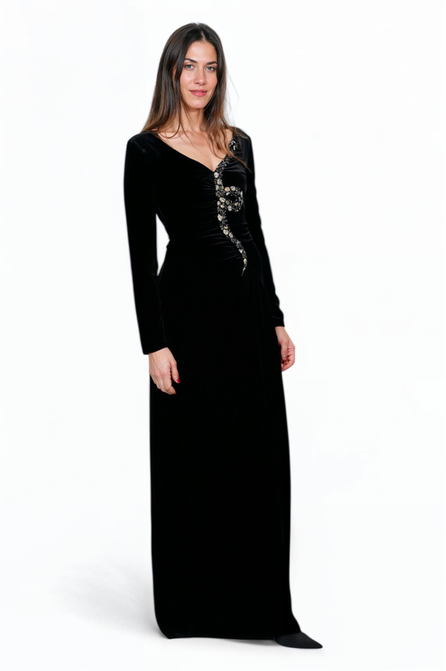 Valentino Black Velvet Gown with Embellished Detail