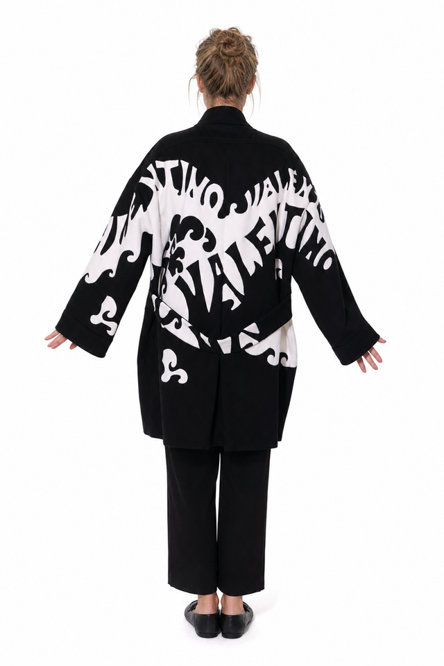 Valentino optical monogram leather-bow tie wool-blend coat in black and white