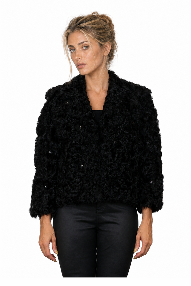 Valentino Sequin-Embellished Persian Lamb Shearling Jacket in Jet Black