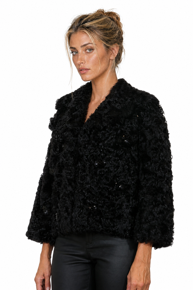 Valentino Sequin-Embellished Persian Lamb Shearling Jacket in Jet Black