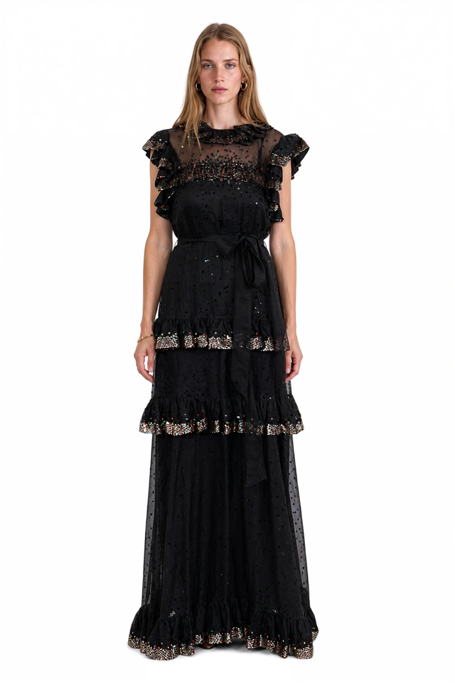 Valentino black sheer tulle gown with sequin-embellished ruffle tiers and self-tie waist sash