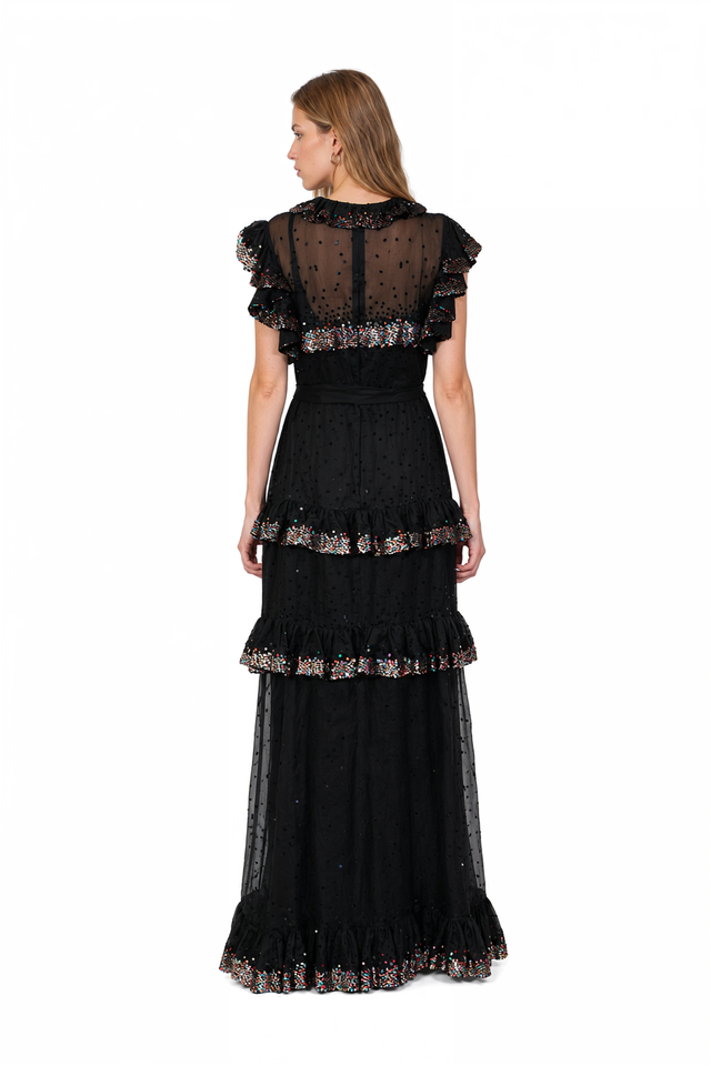 Valentino black sheer tulle gown with sequin-embellished ruffle tiers and self-tie waist sash